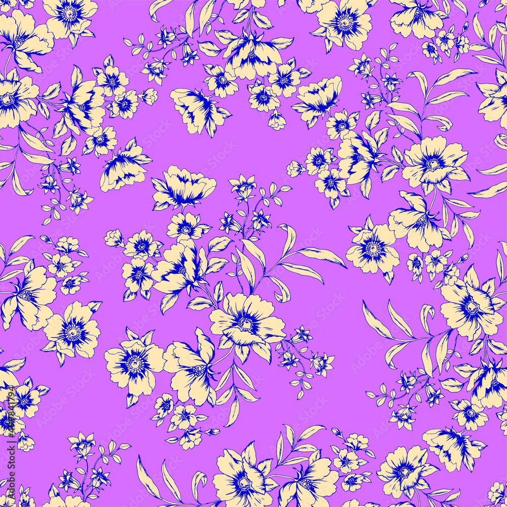 custom made wallpaper toronto digitalvector seamless hand drawn graphic tree color floral pattern with outlined flowers in bouquets with leaves on pink background. Multidirectional allover design with fantasy flowers, wild flowers.