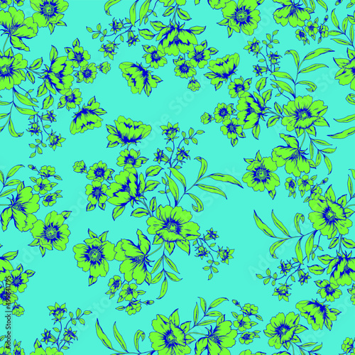 vector seamless graphic outlined floral pattern in bouquets in three colors. Multidirectional allover design with lush flowers and leaves.