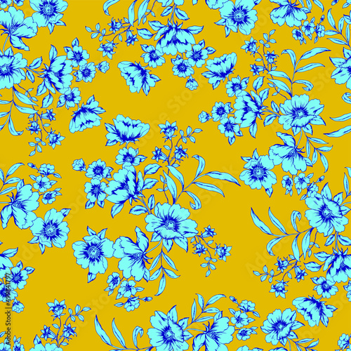 vector seamless graphic outlined floral pattern in bouquets in three colors. Multidirectional allover design with lush flowers and leaves.