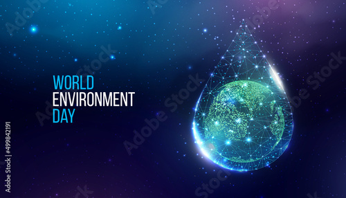 World environment day concept. Banner with planet Earth in wireframe polygonal water drop. Futuristic modern abstract background. Vector illustration