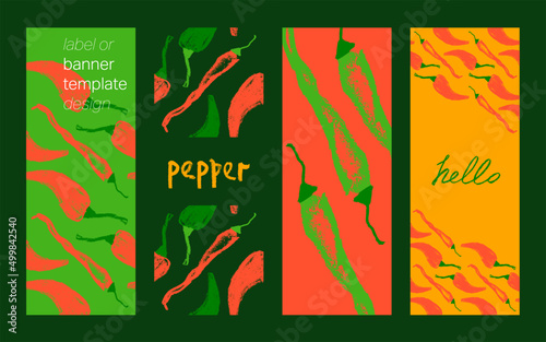 Vector hot pepper banner. Hand-drawn pattern. Peppers illustration. Pepper drawings. Red chilli background. Organic homemade vegetables. Vegan food wallpaper. Spices backdrop. Vegetarian restaurant.