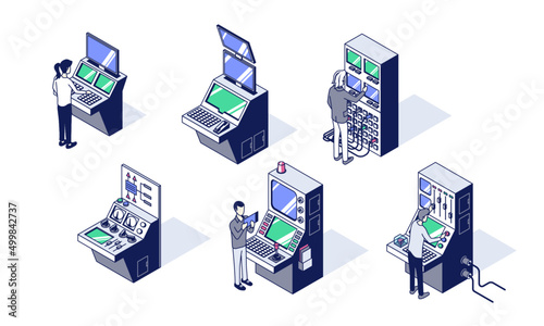 Isometric control panels, monitoring systems and dashboards with people