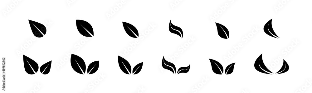 Black leaves icon set isolated on white background. Different leaves shapes. Foliage icons vector set. Eco leaves. Eco, bio sign logo. Vegeterian and vegan signs and sumbols. Vector graphic.