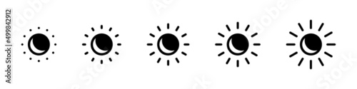 Brightness level controll icon set. Screen brightness graduation icon collection. Contrast brightness adjustment. Screen brightness and contrast control icons. Vector graphic.