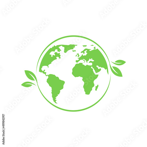 Green eco world icon. Ecological earth concept logo. Green planet. Planet earth. Ecology concept. Environmental concept. Safe world. Save the planet. ECO logo. Vector graphic.