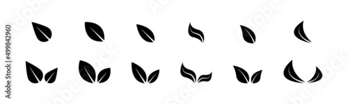 Black leaves icon set isolated on white background. Different leaves shapes. Foliage icons vector set. Eco leaves. Eco, bio sign logo. Vegeterian and vegan signs and sumbols. Vector graphic.