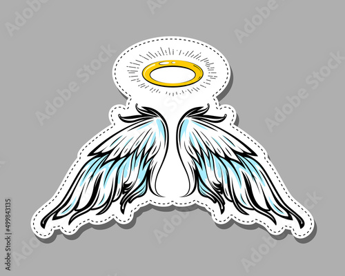Angel cartoon halo and wings. Comic style label, sticker or tag design. Concept illustration of Good