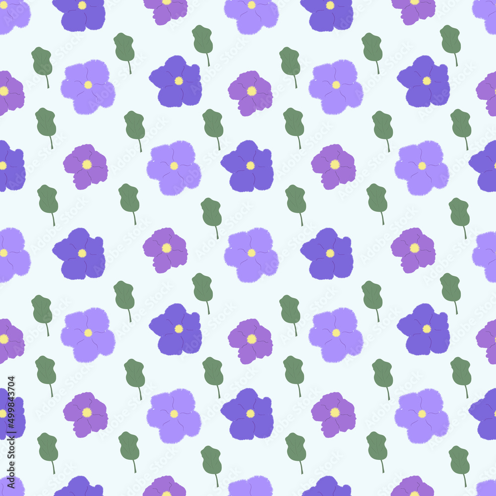Pattern purple and blue flowers with leaves. For wrappers and wrapping paper, fabrics.