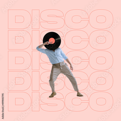 Contemporary art collage. Stylish man wwith retro vinyl record danicng isolated over light peach background photo