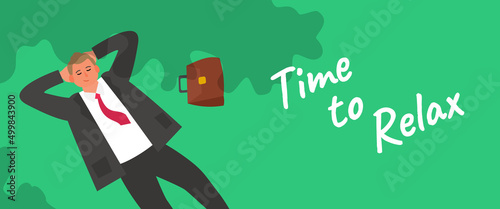 time to relax businessman lying on green  grass top view vector illustration