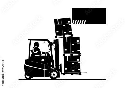 Forklift height collision hazards concept. Silhouette of working forklift. Vector.