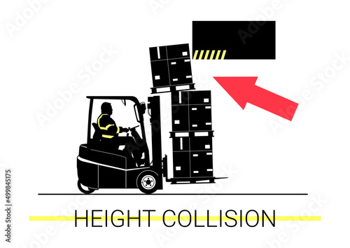 Forklift height collision hazards concept. Silhouette of working forklift. Vector.