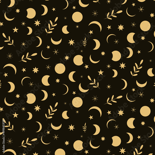 Beautiful boho moon phases seamless pattern with leaves and stars on black background. For fabric, textile , wallpaper and home décor 