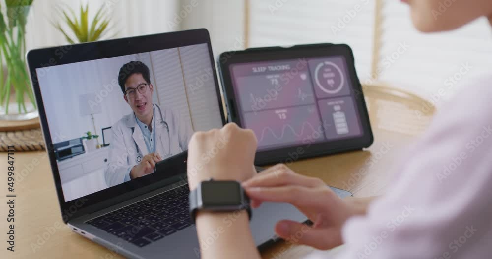 Asia people young woman video call talk chat help guide online at home by AI tele consult telehealth telemedicine app clinic in IoT device collect ECG data heart pulse sleep rate on cloud computing.