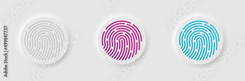 Neumorphism fingerprint password buttons set. Fingerprint round button in modern neumorphic trendy style. UI, UX set for mobile app. Lock, unlock button. Vector Graphic. photo