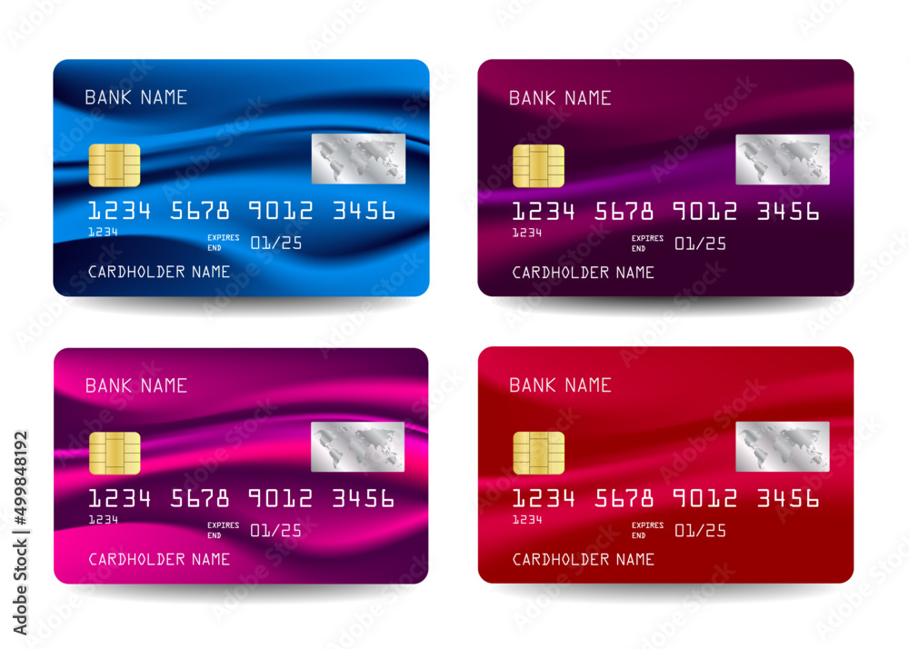 Obraz premium Credit Card vector set icons. Realistic detailed credit cards set with abstract background colorful design. Vector illustration design image EPS10