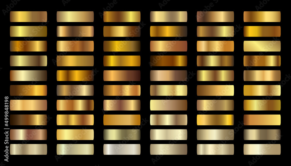 Gold gradients vector. Golden swatch set vector. Metallic gold gradient illustration gradation for banner web flyers digital. Bronze silver chrome copper metal foil texture gradient template Stock Vec...
