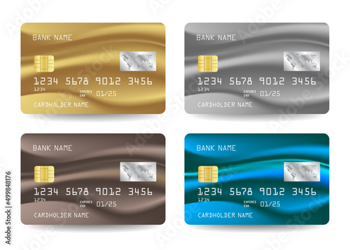 Credit Card vector set icons. Realistic detailed credit cards set with abstract background colorful design. Golden credit card. Silver credit card. Vector illustration design image EPS10