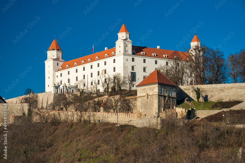 Slovakia - Bratislava - Bratislava old town with castle (aka Bratislavsky Grad, Pressburger Schloss or Pozsonyi Var)