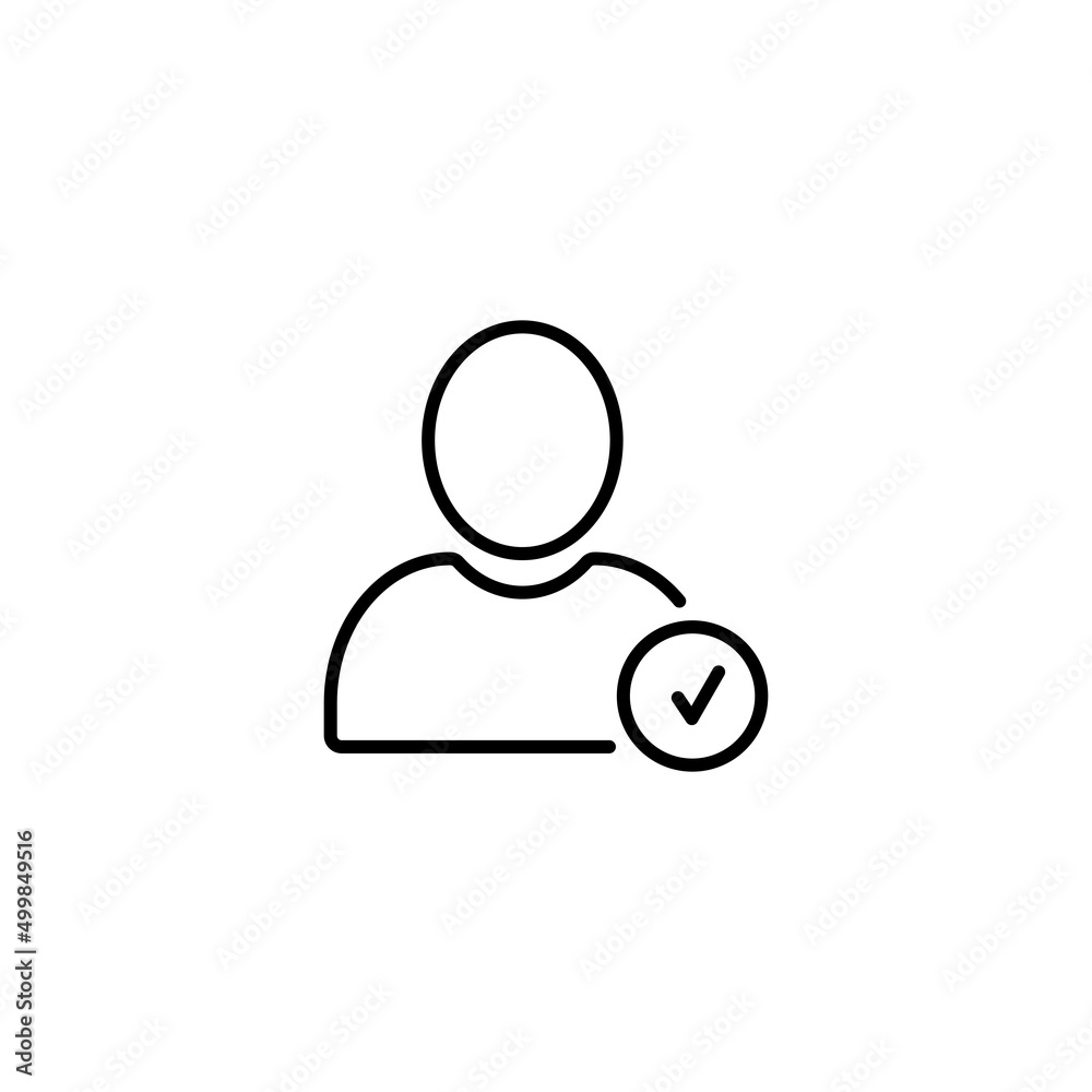 User profile sign web icon with check mark glyph. User authorized vector illustration design item. Straight style design icon. Account verified icon. Signed verified profile symbol. User accepted. eps User profile sign web icon with check mark glyph. User authorized vector illustration design item. Straight style design icon. Account verified icon. Signed verified profile symbol. User accepted. eps