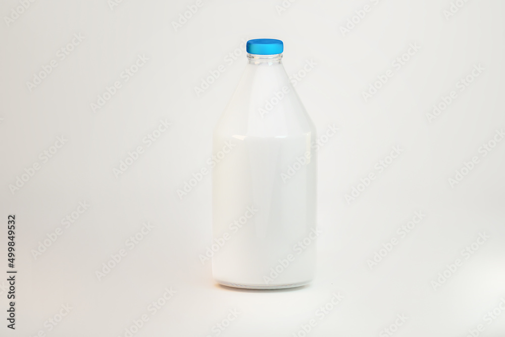 Front view Milk bottle mockup. Zero waste glass bottle of milk with space for your logo branding. World Milk Day render 3d Front view Milk bottle mockup. Zero waste glass bottle of milk with space for your logo branding. World Milk Day render 3d