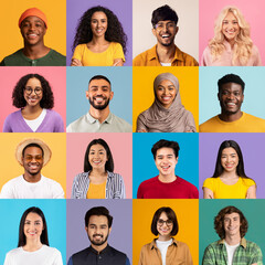 Square shaped collage of diverse ethnicity young people, group headshots