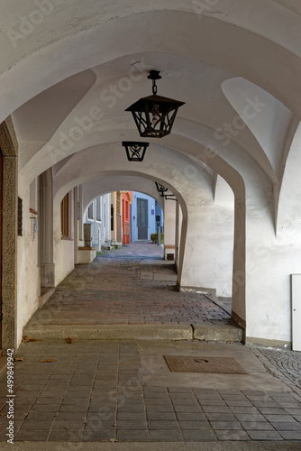 City view of Wasserburg am Inn. Arcades at the Marienplatz.