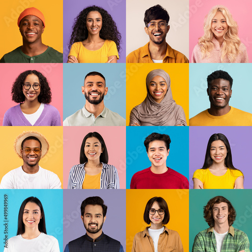 Square shaped collage of diverse ethnicity young people, group headshots