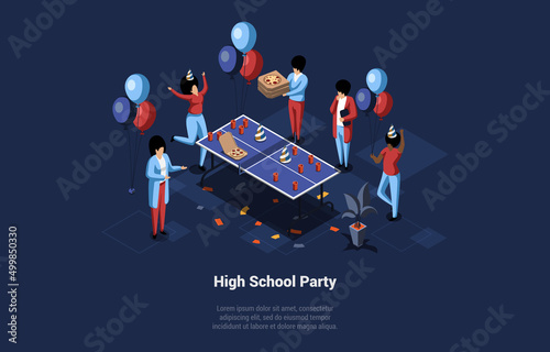 Concept Of Birthday Celebration And High School Party. Happy Male And Female Students Have A Party In Gym. They Dancing, Eating Pizza, Drink Juice On Ping Pong Table. Isometric 3d Vector Illustration