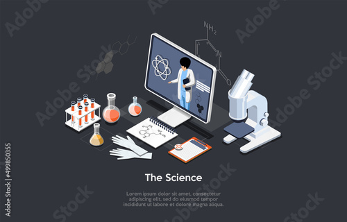 Concept Of Science. Scientist On Computer Screen Presents the Results of a Molecular Study. Equipment In a Modern Laboratory With Test Tubes And Microscope. Isometric Cartoon 3D Vector Illustration
