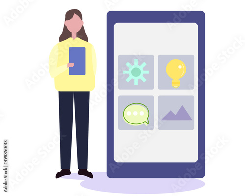 スマホと女性 スマホ・携帯のシステムや設定を操作する女性。大きいスマホ 。ベクターイラスト