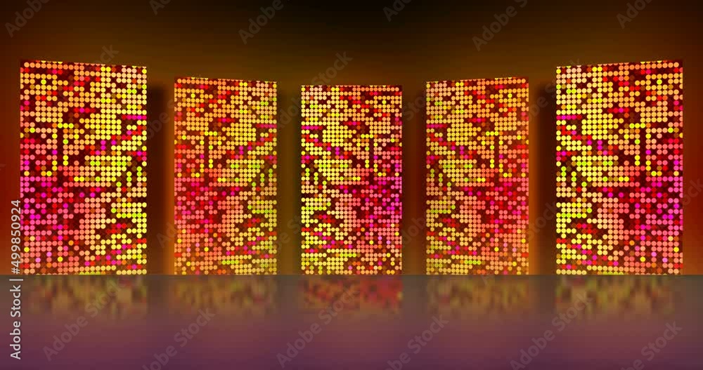 3D rendering  abstract background, glowing dots, screen pixels, neon lights, virtual reality, yellow pink red spectrum, vibrant colors, fashion podium, laser show, isolated on black, floor reflection