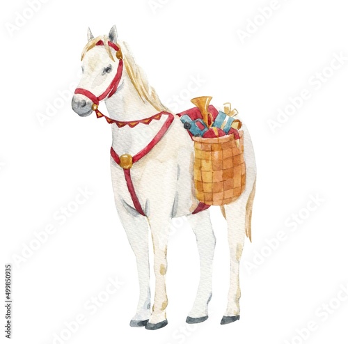 Beautiful christmas image with cute hand drawn watercolor saint nocolas white horse with gifts . Stock illustration. photo