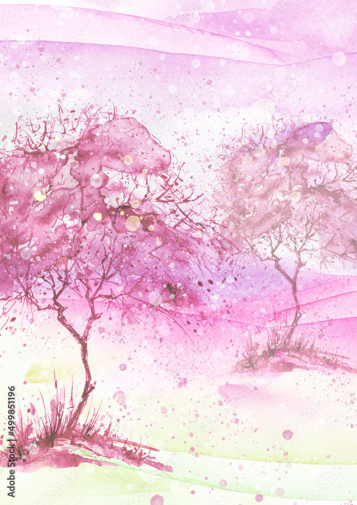 Watercolor vintage bush, a tree. On the Sunset. Abstract spots, shore, sky, watercolor landscape. Countryside landscape with tree on a hill.Country landscape. Cover, banner, drawing. splashes