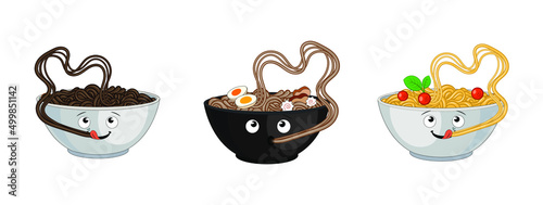 Vector Cartoon Ramen Funny Illustration Pasta Bowls Set, Noodles in a Bowl, Cute Illustration Isolated on White Background, Plate Eating Noodles.