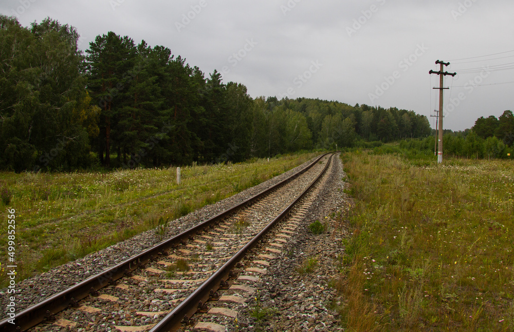 Railroad tracks stretching into the distance. Summer landscape. Overall plan