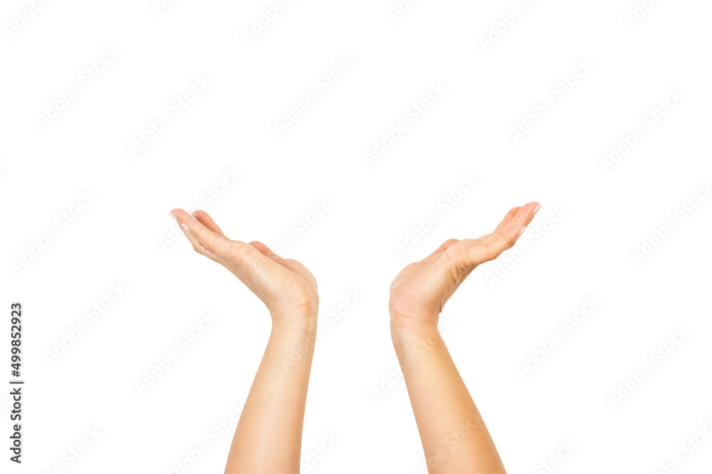 Mujer con brazos y manos con las palmas hacia arriba haciendo un gesto  sobre un fondo blanco liso y aislado. Vista de frente y de cerca. Copy  space Stock Photo