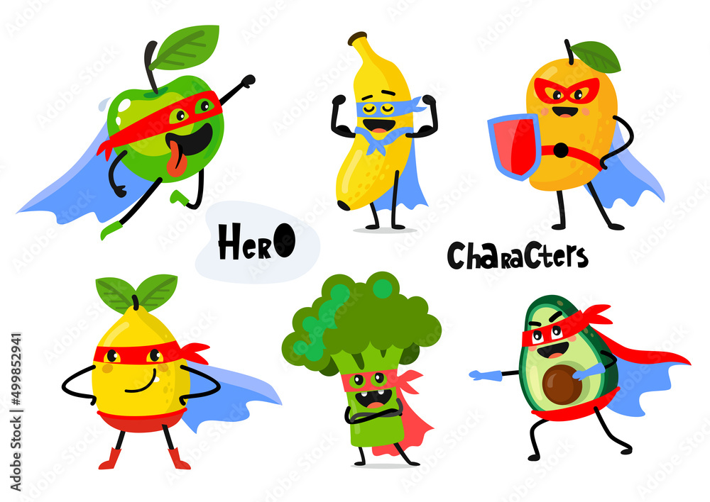 Obraz premium Funny fruit hero, superhero characters in masks vector.