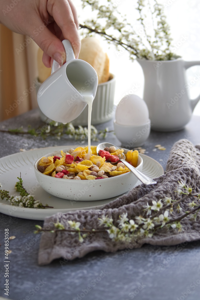 a bowl with a healthy muesli breakfast on a table near spring flowering branches and a hand pouring milk from a small jug a bowl with a healthy muesli breakfast on a table near spring flowering branches and a hand pouring milk from a small jug