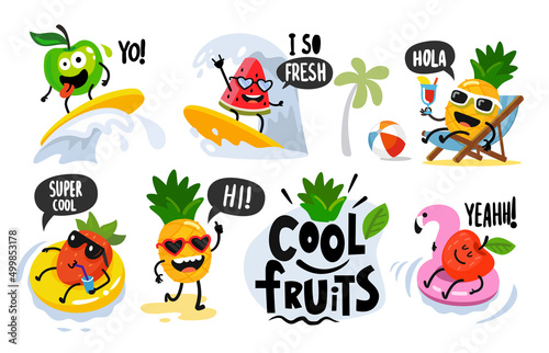 Fun fruits on vacation vector characters. In pool, surfing, lies on sun lounger.