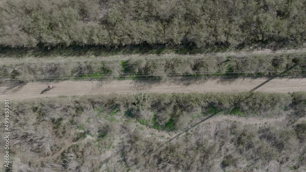 Aerial shot of person on bike walking down dirt path in Costa Mesa, California. Aerial shot of person on bike walking down dirt path in Costa Mesa, California.