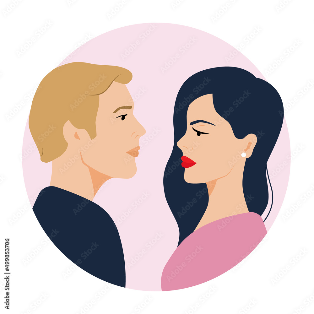 Man and woman are looking to each other. Couple in love concept. Happy Valentine day concept. Vector illustration. 