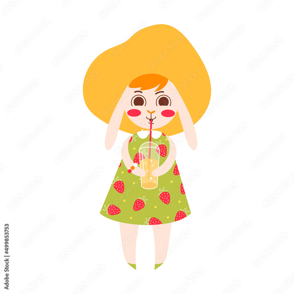 Cute rabbit hold summer drink. Bunny with summer hat and dress isolated on white background. Animal character vector illustration Cute rabbit hold summer drink. Bunny with summer hat and dress isolated on white background. Animal character vector illustration