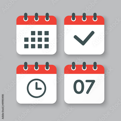 Icons calendar number 7, agenda app, timer, done