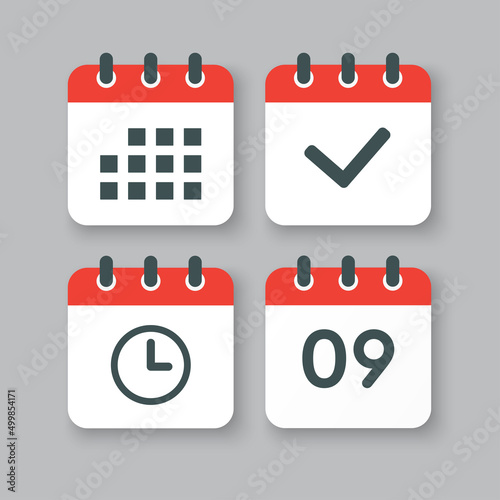 Icons calendar number 9, agenda app, timer, done