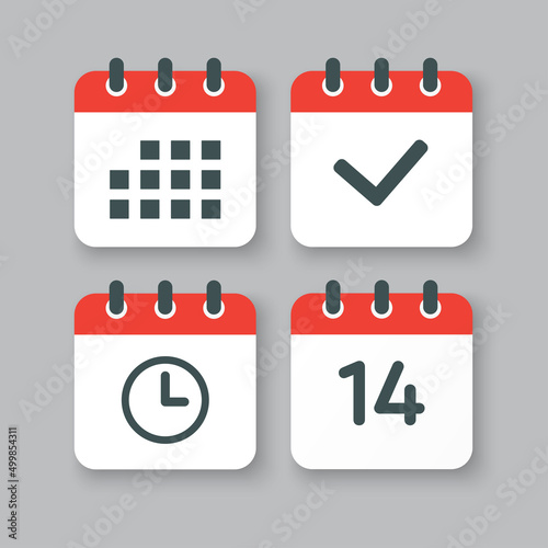 Icons calendar number 14, agenda app, timer, done