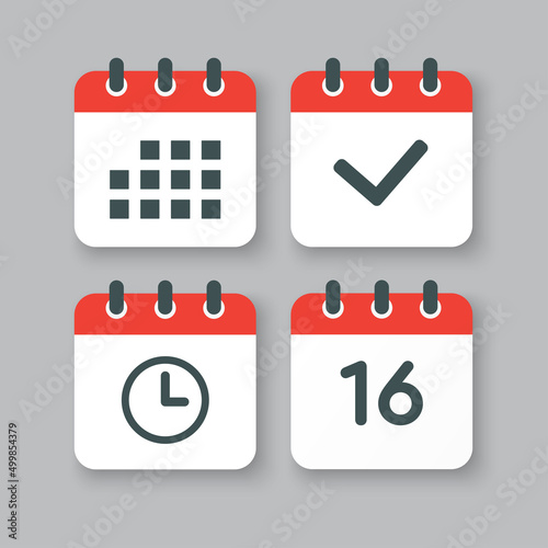 Icons calendar number 16, agenda app, timer, done