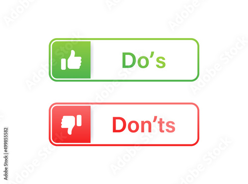Dos and donts icons in line frame - thumbs up or thumb down label banner. Like or dislike - do's and don'ts frames - true or false - Dos and dont in outline frame	
