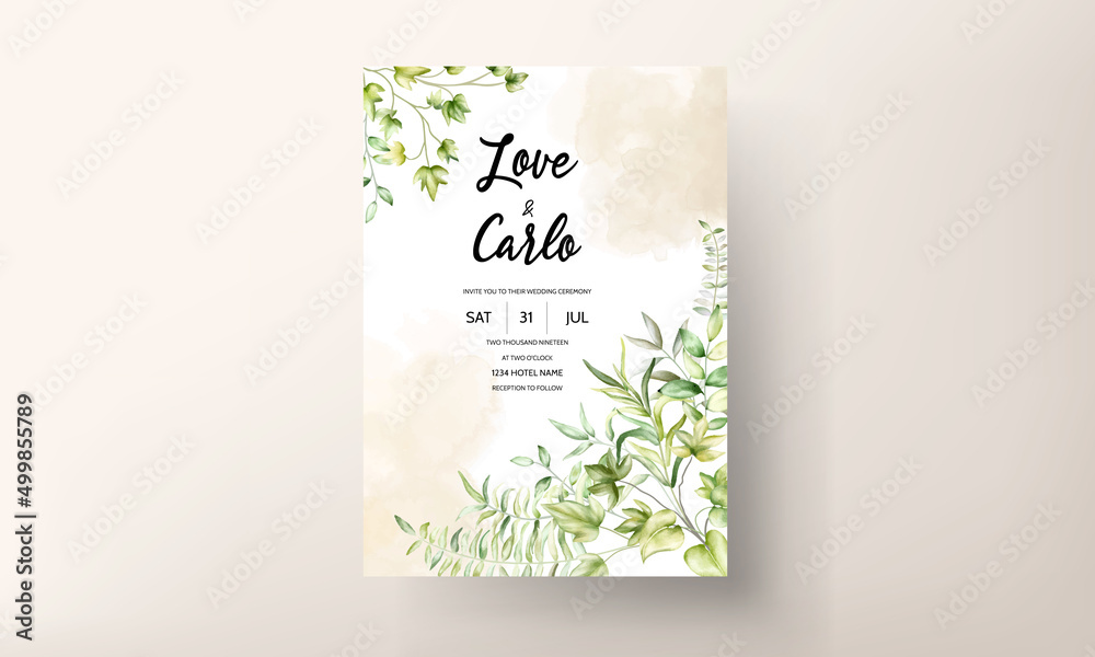 elegant watercolor greenery leaves wedding invitation card