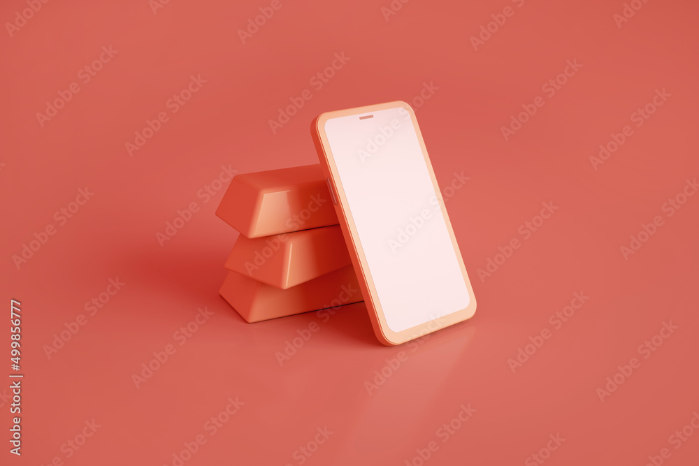 Gold bars. Symbol of money and finance. Mobile phone. Online buying and selling. 3D rendering. Gold bars. Symbol of money and finance. Mobile phone. Online buying and selling. 3D rendering.